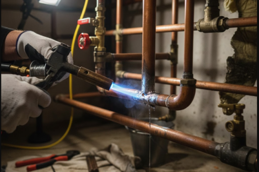 Réparation d’une fuite sur réseau de chauffage en cuivre par soudure