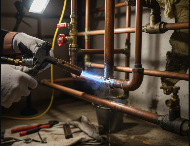 Réparation d’une fuite sur réseau de chauffage en cuivre par soudure