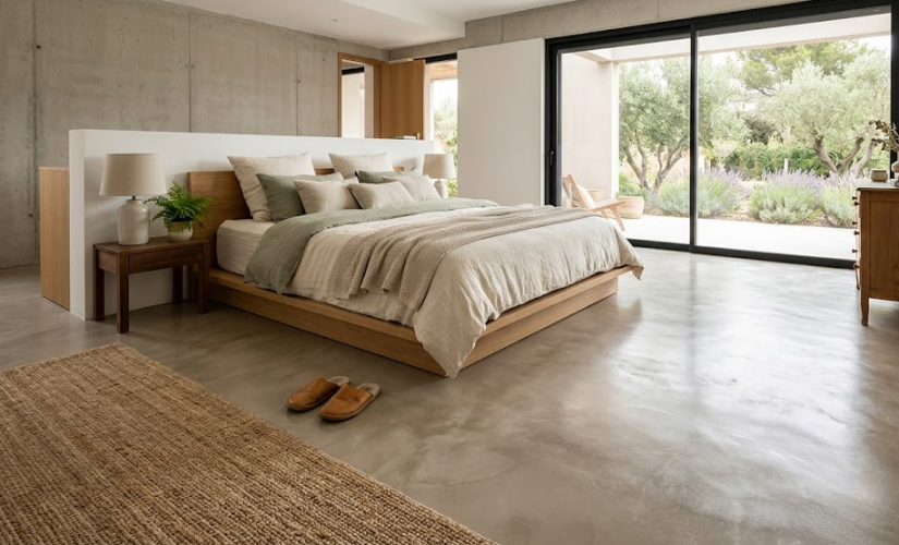 Sol décoratif en béton ciré dans les chambres : sain et hypoallergénique