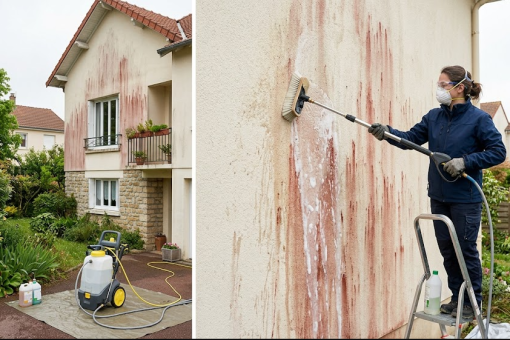 Éliminer les traces rouges (algues) sur les enduits de façade
