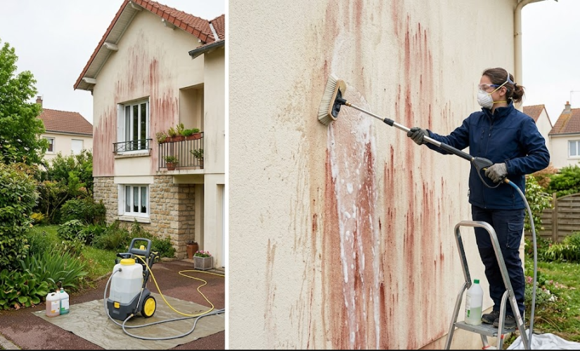 Éliminer les traces rouges (algues) sur les enduits de façade