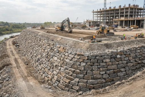 Enrochement de soutènement pour surélever une plateforme de construction