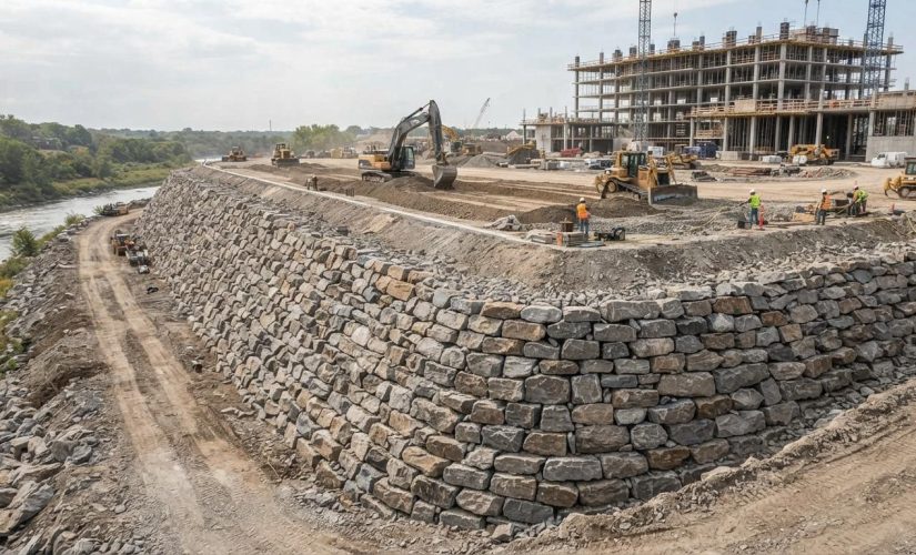 Enrochement de soutènement pour surélever une plateforme de construction